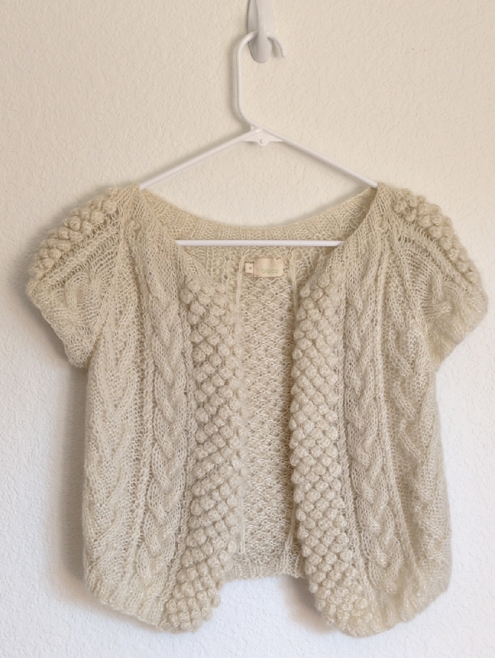 Open Front Cream Cable Knit Short Sleeve Sweater - Bolero Style